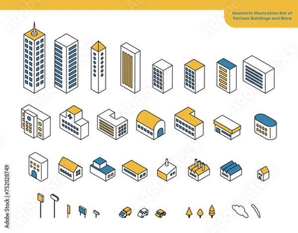 Obraz 色々な建物など街並みのアイソメイラストセット