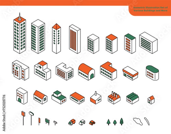 Obraz 色々な建物など街並みのアイソメイラストセット