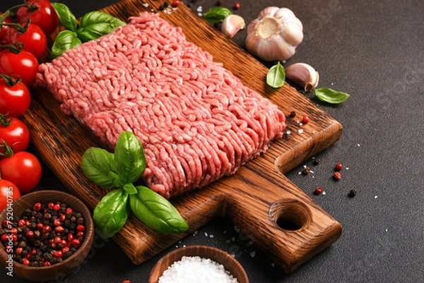 Fototapeta Minced pork and beef on a wooden board. Minced meat with spices on a dark background