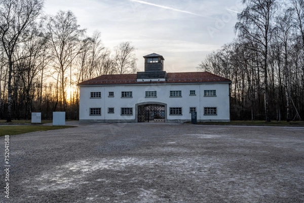 Fototapeta Main security building, entrance at Dachau concentration camp in Dachau, Germany