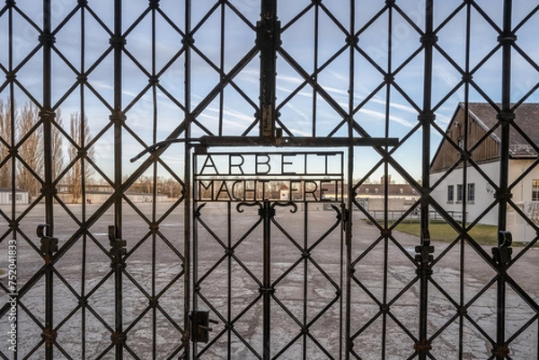 Fototapeta DACHAU, GERMANY Work sets you free sign on gates at Dachau Concentration Camp