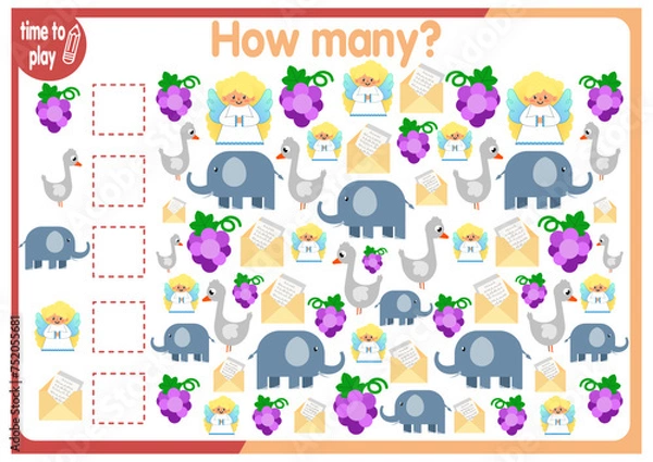 Fototapeta math card for children. studying numbers. children's logic problems. figurines for children. number. Funny animals. count the objects and write down their quantity
