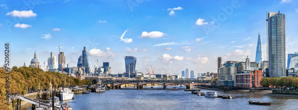 Fototapeta Panorama from Waterloo bridge to river Thames and London City
