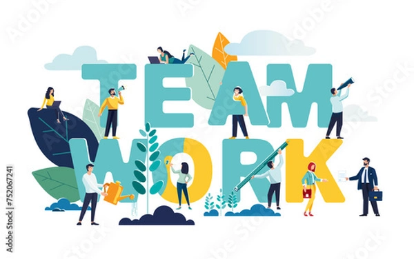 Fototapeta Vector flat business illustration, businessmen together build word teamwork, abstract graphic design, construction business project. Business team people looking for a job. Loudspeaker career planning