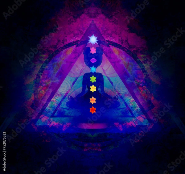 Fototapeta Yoga lotus pose. Padmasana with colored chakra points.