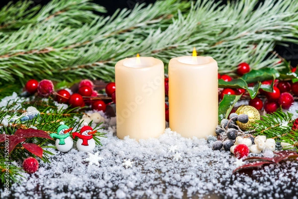 Fototapeta Christmas concept of snowman, evergreen branches, red leaves, be