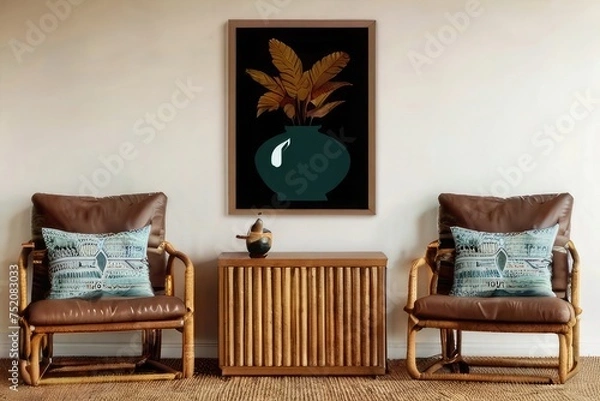 Fototapeta Bright Living Room Interior with Neutral Sofa, Plants and Woven Rug

