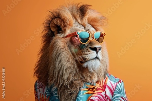 Obraz a stylish Lion wearing sunglasses and summer suit on color background, animal funny pop art