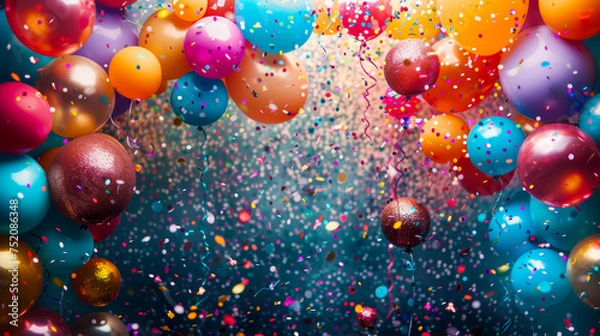 Fototapeta A joyful explosion of colorful balloons and confetti, creating a vibrant backdrop perfect for a celebration or festive event.
