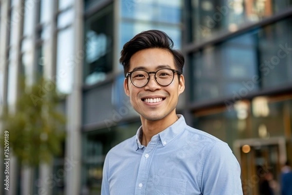 Fototapeta Man With Glasses Standing in Front of Building