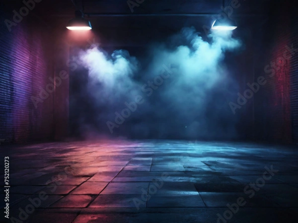 Fototapeta A dark empty street, dark blue background, an empty dark scene, neon light, spotlights The asphalt floor and studio room with smoke. Night view. Generated by AI