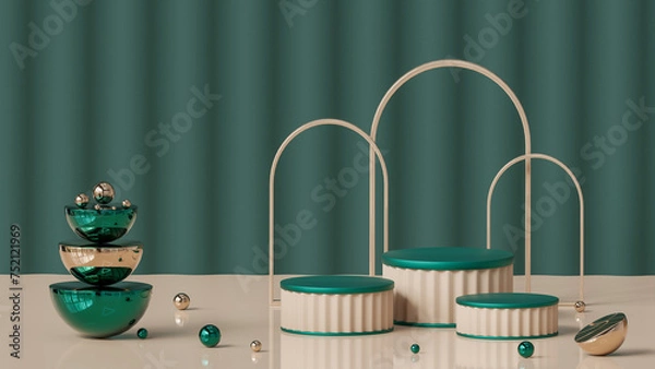 Obraz 3D cylinder pedestal podium set. Green room with a set of round podiums. 3d render