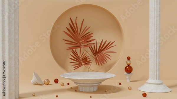 Obraz 3D white realistic cylinder pedestal podium set. Clean beige 3d room with a set of round podiums. 3d render