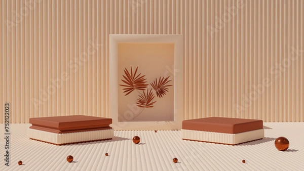Obraz 3D red realistic cube pedestal podium set. Clean beige room with a set of square podiums. 3d render