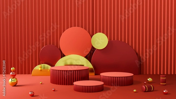 Obraz Red cylinder pedestal podium set. Clean 3d room with a set of round podiums. 3d render