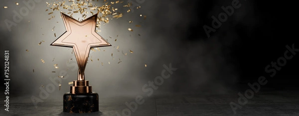 Fototapeta Top Performance Award. Gold star on a blue background as a reward. Winners Cup. Winner certificate. First place in a computer game. Achievements. Victory. Golden confetti. 3D rendering.