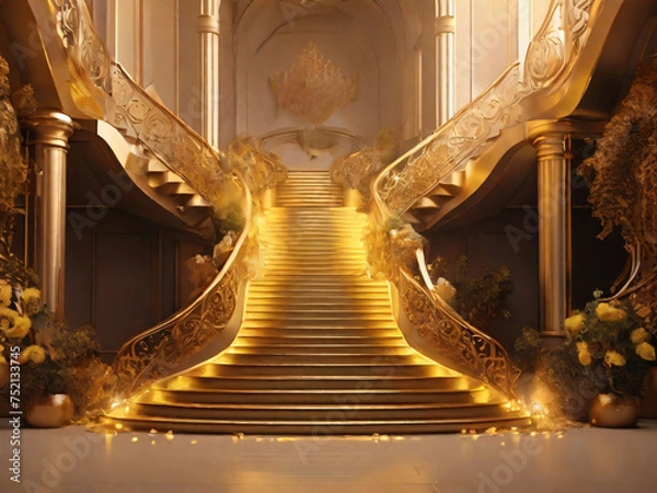 Obraz Luxury yellow golden staircase with gold light ray for award ceremony. Generative AI