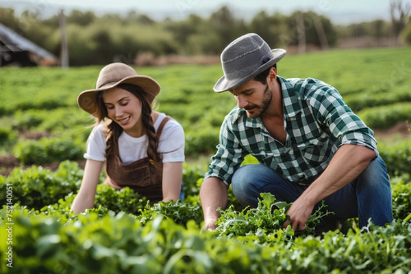 Fototapeta Portrait of man and woman seasonal farm workers harvesting arugula on field