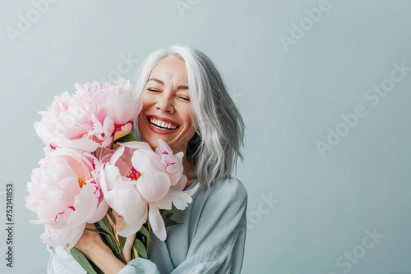Obraz Portrait of positive charming cheerful old woman. A charming gray-haired lady with a bouquet of flowers. The older model demonstrates cheerfulness, harmony and love