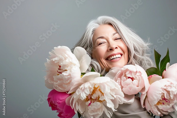 Obraz An amazingly beautiful woman of sixty with a bouquet of flowers. Portrait of a gray-haired woman with a bouquet of peonies