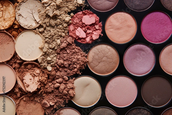 Fototapeta A collection of makeup palettes with a variety of colors and textures. Concept of creativity and self-expression, as makeup is often used to enhance one's appearance and showcase individuality