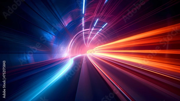 Fototapeta Glowing tunnel traffic, future technology speed line, using long exposure bold dynamic lines