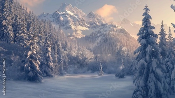 Fototapeta Image of snow-covered mountains within a dense fir forest.