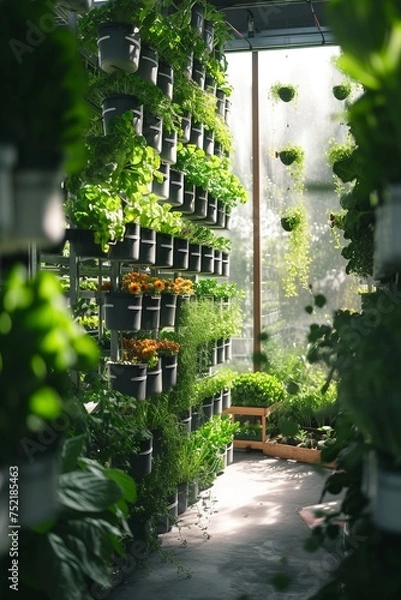 Fototapeta Close up shelves with salad, greens and young microgreens in pots under LED lamps on hydroponic vertical farms. Concept of agriculture business of future 