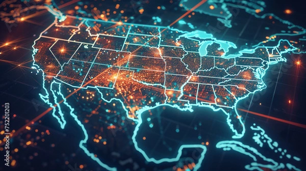 Fototapeta North America, A dynamic digital map of the USA, blending nostalgia and technology, Created using generative AI