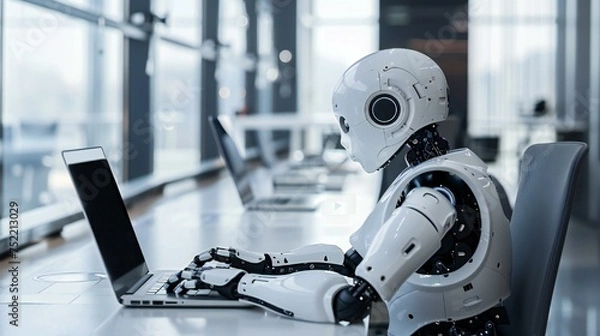 Fototapeta A robot is sitting at a desk with a laptop in front of it. The robot is wearing a white suit and he is typing on the laptop. The scene gives off a futuristic and technological vibe