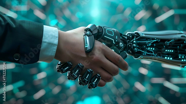Fototapeta 
Interacting with a virtual partner against a futuristic backdrop. Exploring artificial intelligence and machine learning in the era of the fourth industrial revolution.