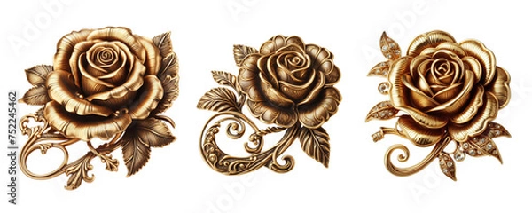 Fototapeta 3 Old fashioned rose brooch made of gold with intricate design isolate on transparent background