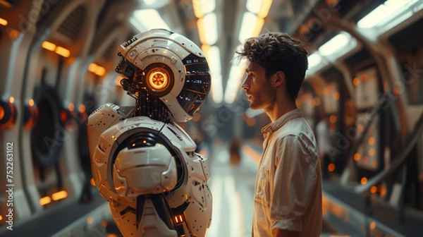 Obraz A Man Talking to a Robotic AI, Generative AI.