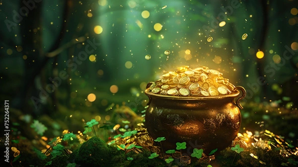 Fototapeta black pot full of gold coins and shamrock leaves. st. patrick's day abstract green background for design, banner, invitation. digital art, generative ai 