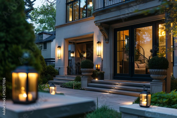 Fototapeta A sophisticated townhouse with chic outdoor lighting, framed by ornamental shrubbery, under the calming influence of an azure evening