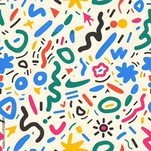 Fototapeta Seamless doodle pattern, colorful with pastel colors, digital paper for printing, graphic design, product designs, stickers and many more.