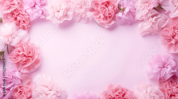 Fototapeta Mother's day holiday greeting design with carnation bouquet on pastel pink table background, design concept. Spring flowers on pink with copy space for message. Greeting card for Valentine's Day