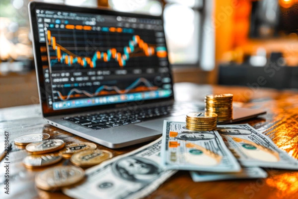 Fototapeta A laptop open with stock market charts on display, surrounded by stacks of cash and cryptocurrency coins