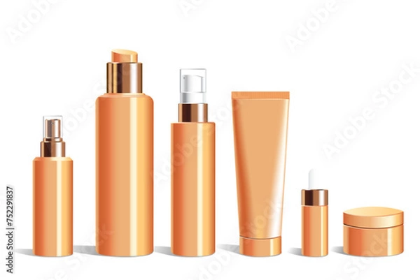 Fototapeta Realistic plastic  packaging for cosmetic product, with golden caps. Vector cosmetic mockup isolated on white background.
