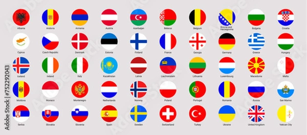 Fototapeta Europe flags vector illustration. European countries rounded national icons. EU official flags set with state name. UK, Germany, France, Italy, Ukraine rounded badges. Isolated circle geometric shapes