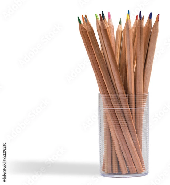 Fototapeta Coloured wooden pencils in a transparent container.  Transparent background
