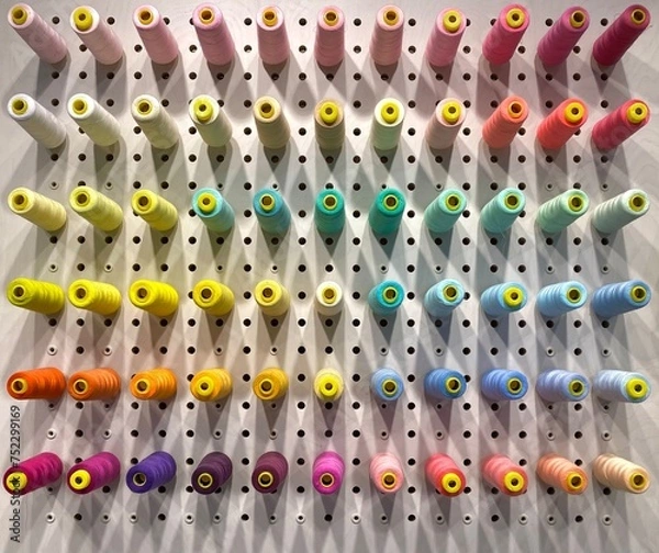 Obraz Colorful spools of thread are displayed on the wall of a tailor shop.