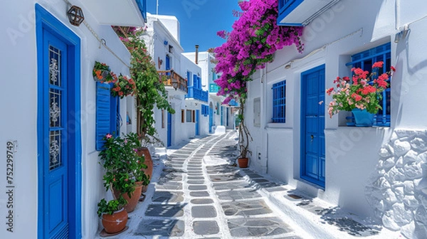 Fototapeta street in Mykonos. Travel concept and image with copy space. Pastel colors. #Greece