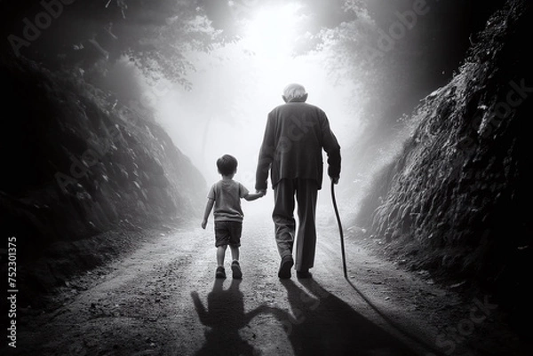 Fototapeta Old man and young boy walking on the path, concept of life and death, black and white, generative ai