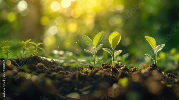 Fototapeta Growing money in the soil with green leaves and trees concept, business and agriculture success finance. With room for text on card. Agriculture plant sowing growing step concept in the garden.