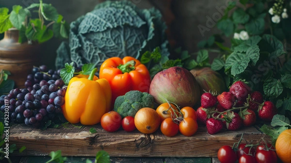 Fototapeta Fresh organic vegetables and fruits on wooden table with copy space, still life, Generative AI