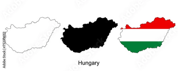 Fototapeta Vector map of Hungary. Highly detailed vector outline, black silhouette. All isolated on white background