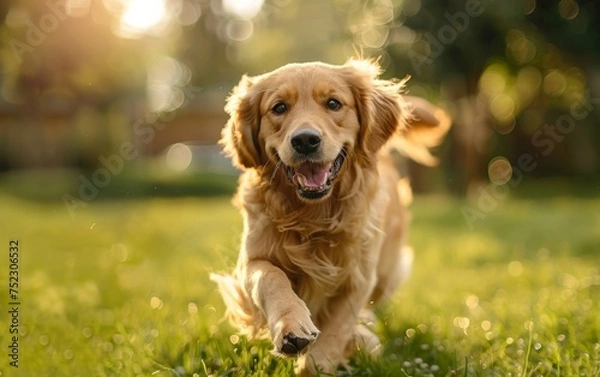 Fototapeta Joyful family enjoys quality time with their cheerful golden retriever on the sunny backyard.
