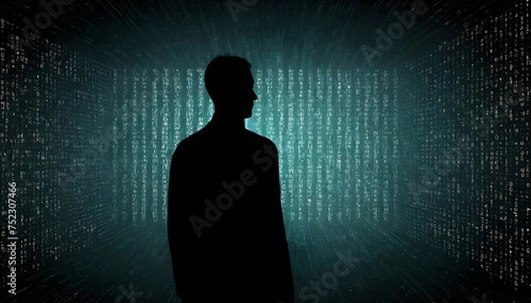 Fototapeta Futuristic banner, silhouette of a man in a blue color background with a backdrop of digital binary cording and backlit effect, bright light to highlight the shape of person  