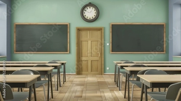 Fototapeta 3D rendering of a contemporary classroom design, featuring sleek modern desks, ergonomic seats, a traditional blackboard, a wall-mounted clock, AI Generative